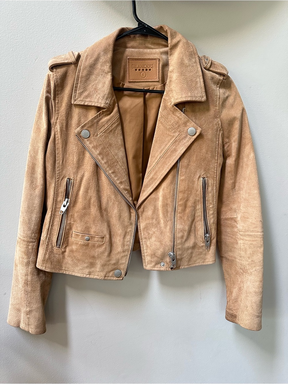 BLANKNYC Women's Genuine Suede Leather Moto Biker Jacket Tan Sand Size S